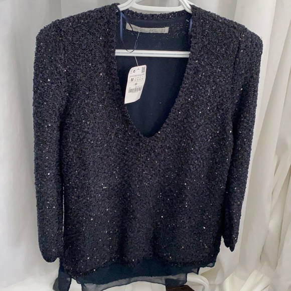Navy blue paillettes sweater with sheer underlay - Picture 1 of 3